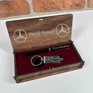 Kişiye Özel Mercedes Tasarımlı Ahşap Kutulu Kalem Set