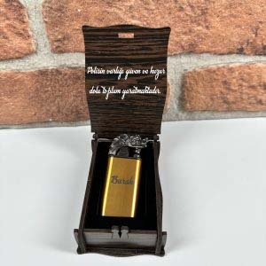 Kişiye Özel Polis Tasarımlı Ahşap Kutulu Ejderha Başlıklı Gold Çakmak