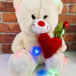 50cm ledli ve güllü beyaz peluş ayıcık