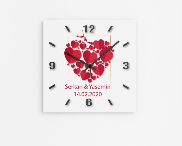 Sevgililer Günü Tasarımlı Kare Duvar Saati