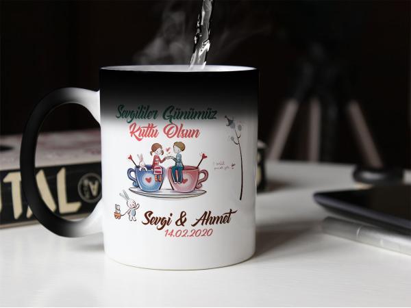 Sevgililer Günü Tasarımlı Sihirli Kupa