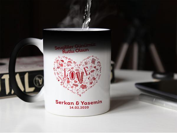 Sevgililer Günü Tasarımlı Sihirli Kupa