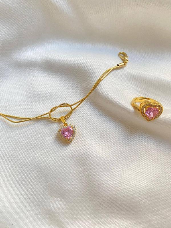 Pembe Kalp Taşlı Kolye Yüzük Set - Görsel 4