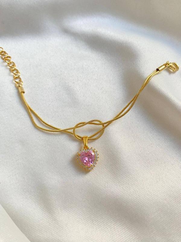 Pembe Kalp Taşlı Kolye Yüzük Set - Görsel 2